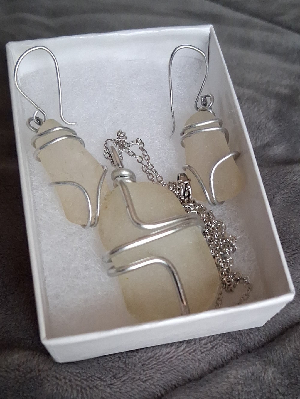 Vintage Cream Sea Glass Wrapped Pendant & Earrings Set with Silver Wire